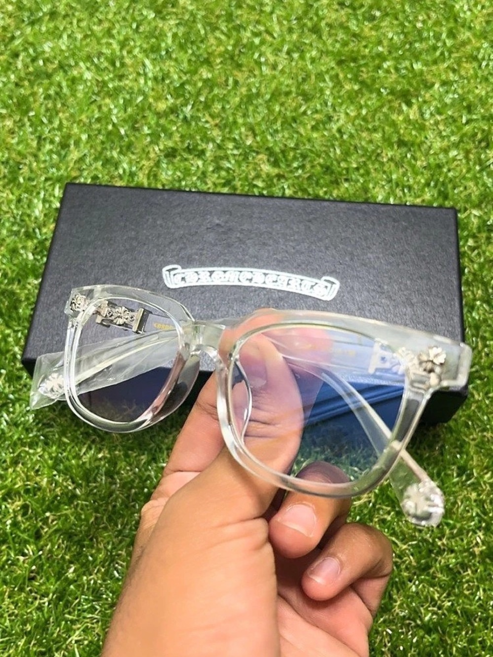 NIB Clear & Silver Square Frame Blue Light Glasses Gothic Motif Hardware